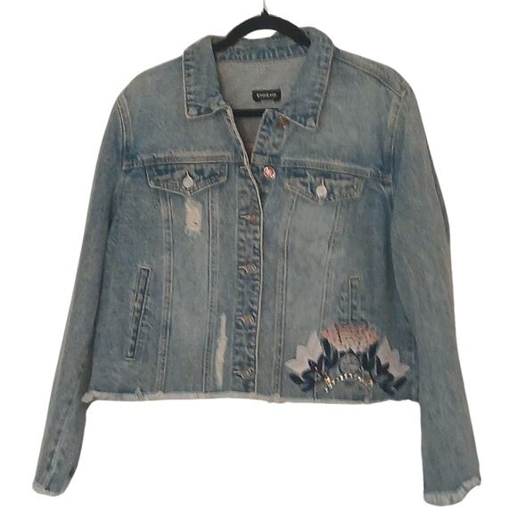bebe Jackets & Blazers - Bebe Jean Jacket XL Denim Embroidered Floral Beaded Raw Hem Distressed Pocket
